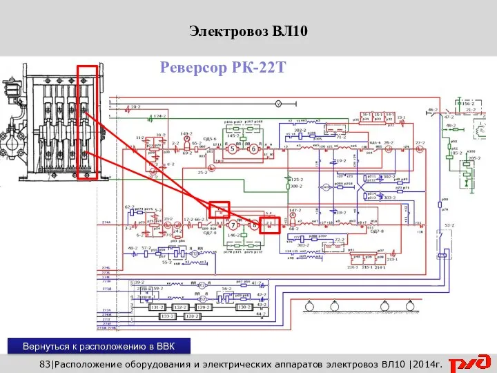 Вернуться к расположению в ВВК 83|Расположение оборудования и электрических аппаратов электровоз ВЛ10 |2014г. Реверсор РК-22Т