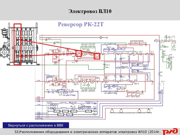 32|Расположение оборудования и электрических аппаратов электровоз ВЛ10 |2014г. Реверсор РК-22Т Вернуться к расположению в ВВК