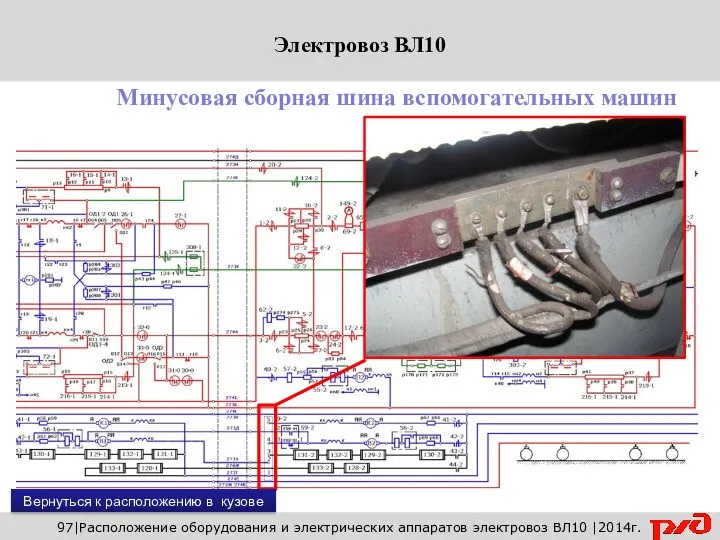 97|Расположение оборудования и электрических аппаратов электровоз ВЛ10 |2014г. Минусовая сборная шина