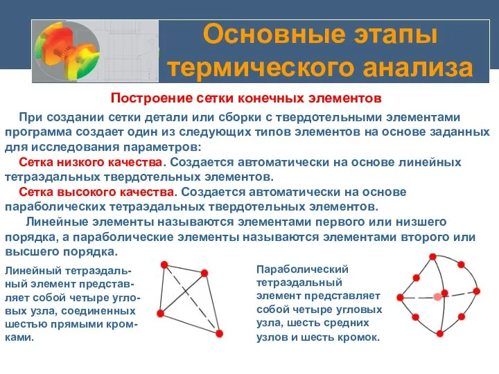 Основные этапы термического анализа При создании сетки детали или сборки с