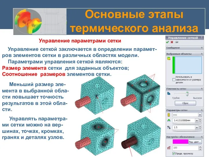 Основные этапы термического анализа Управление сеткой заключается в определении парамет-ров элементов