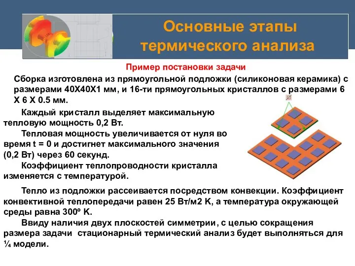 Основные этапы термического анализа Пример постановки задачи Сборка изготовлена из прямоугольной