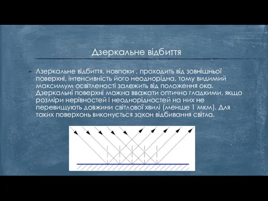 Лзеркальне відбиття, навпаки , проходить від зовнішньої поверхні, інтенсивність його неоднорідна,