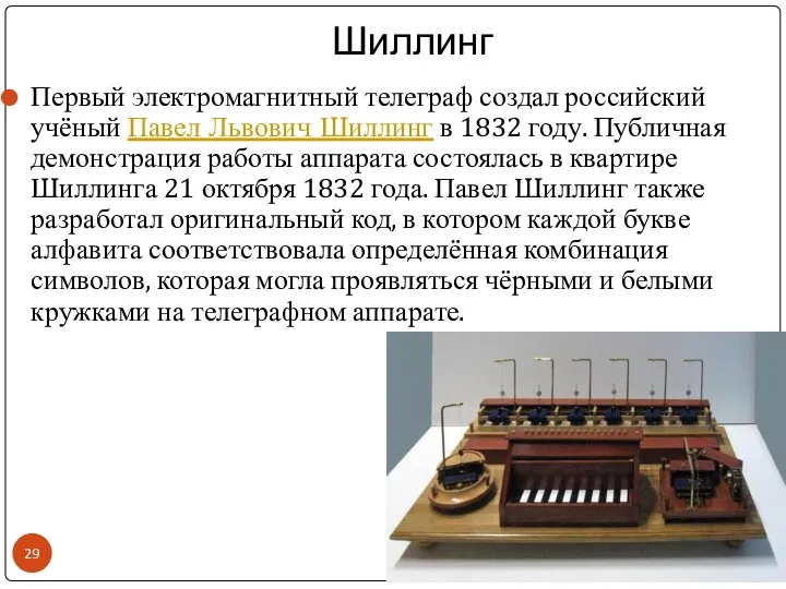 Шиллинг Первый электромагнитный телеграф создал российский учёный Павел Львович Шиллинг в