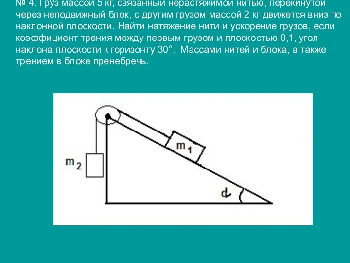 № 4. Груз массой 5 кг, связанный нерастяжимой нитью, перекинутой через