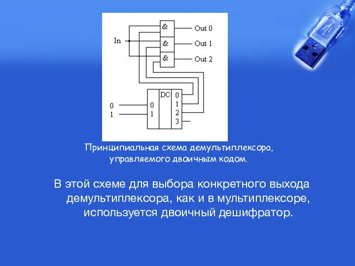 В этой схеме для выбора конкретного выхода демультиплексора, как и в