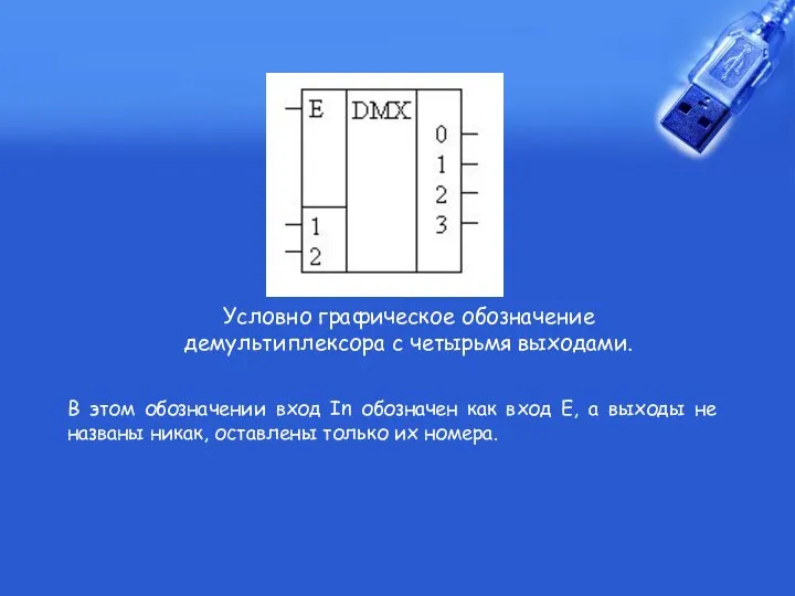 Условно графическое обозначение демультиплексора с четырьмя выходами. В этом обозначении вход