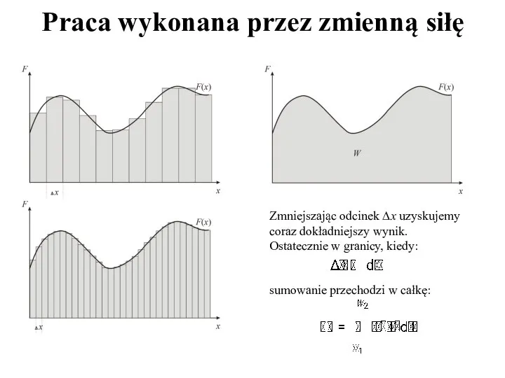 Praca wykonana przez zmienną siłę Zmniejszając odcinek ∆x uzyskujemy coraz dokładniejszy