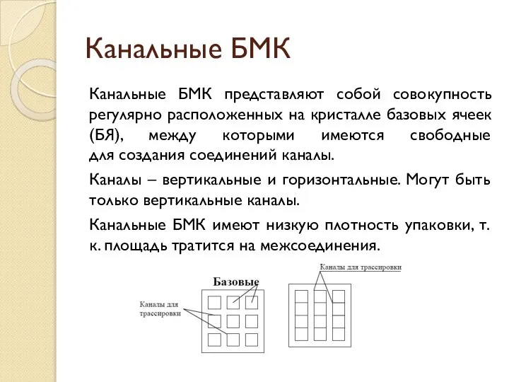 Канальные БМК Канальные БМК представляют собой совокупность регулярно расположенных на кристалле