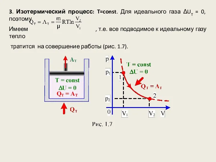 3. Изотермический процесс: T=const. Для идеального газа ΔUT = 0, поэтому