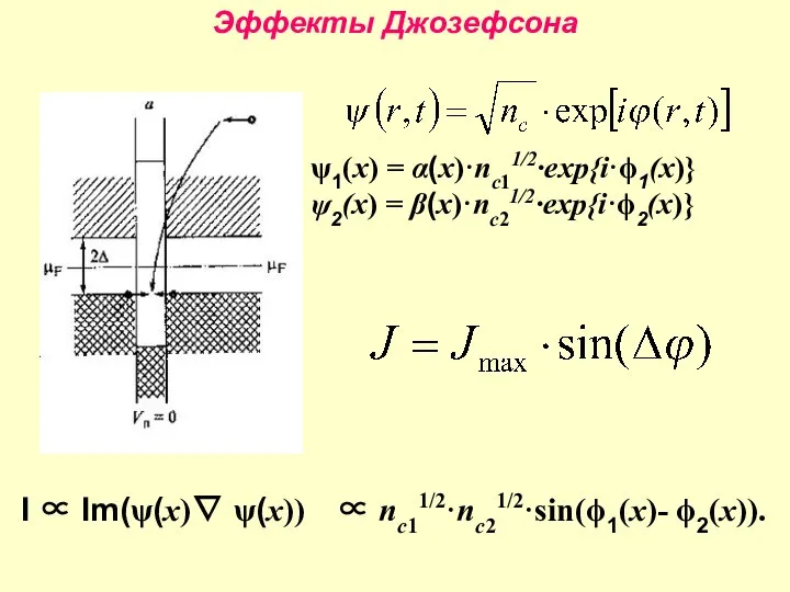 Эффекты Джозефсона ψ1(x) = α(x)·nc11/2·exp{i·ϕ1(x)} ψ2(x) = β(x)·nc21/2·exp{i·ϕ2(x)} I ∝ Im(ψ(x)∇ ψ(x)) ∝ nc11/2·nc21/2·sin(ϕ1(x)- ϕ2(x)).