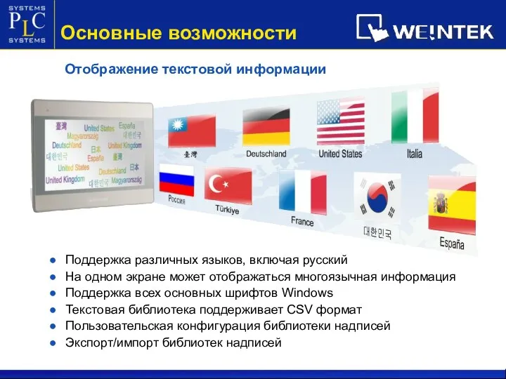 Отображение текстовой информации Поддержка различных языков, включая русский На одном экране