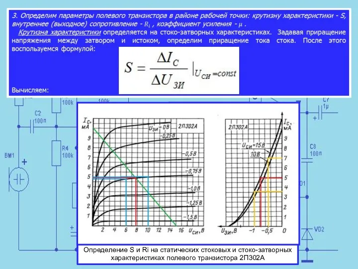 Определение S и Ri на статических стоковых и стоко-затворных характеристиках полевого транзистора 2П302А