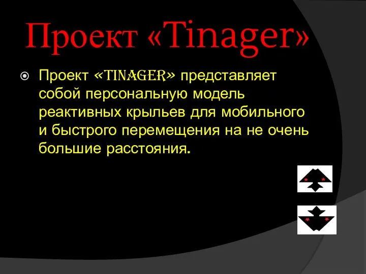 Проект «Tinager» Проект «Tinager» представляет собой персональную модель реактивных крыльев для