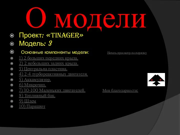 О модели Проект: «Tinager» Модель: 3 Основные компоненты модели: Начать просмотр