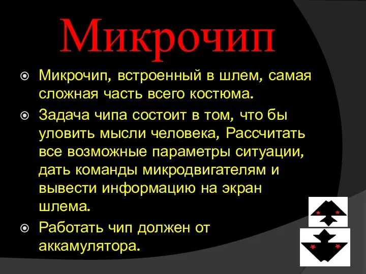 Микрочип Микрочип, встроенный в шлем, самая сложная часть всего костюма. Задача