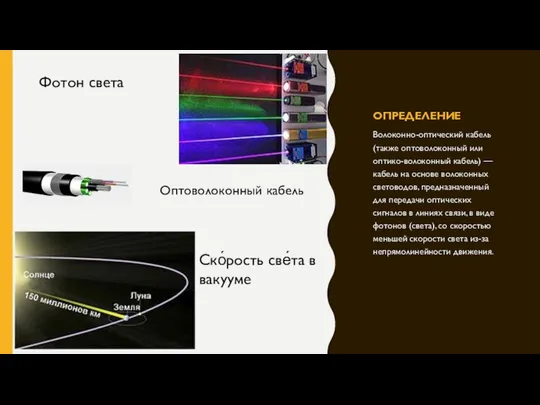 ОПРЕДЕЛЕНИЕ Волоконно-оптический кабель (также оптоволоконный или оптико-волоконный кабель) — кабель на