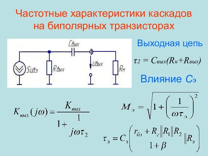 Частотные характеристики каскадов на биполярных транзисторах Выходная цепь τ2 = Cвых(Rн+Rвых) Влияние Сэ