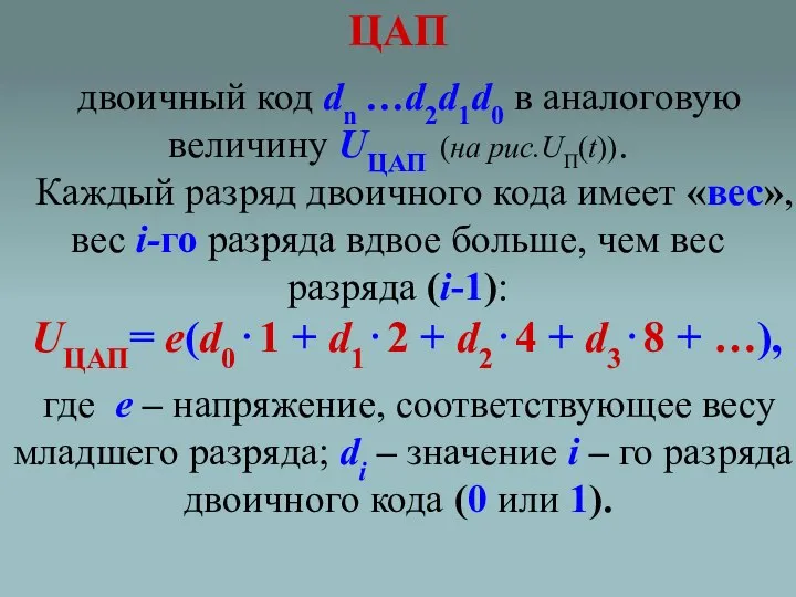 двоичный код dn …d2d1d0 в аналоговую величину UЦАП (на рис.UП(t)). Каждый