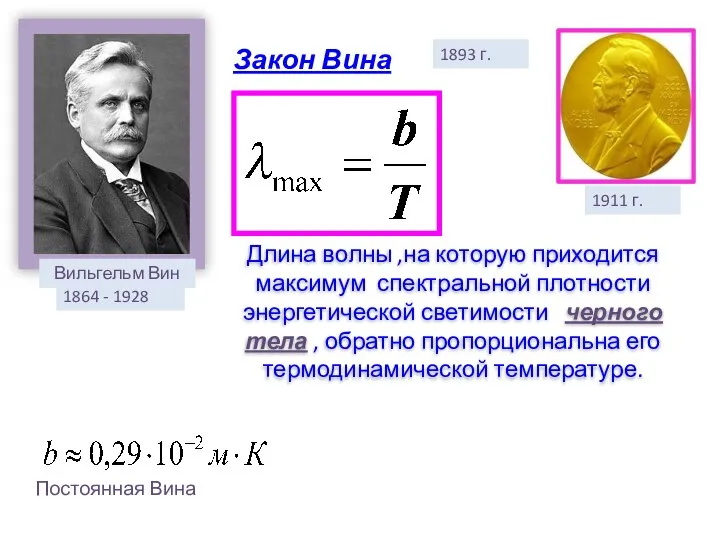 Закон Вина 1893 г. Вильгельм Вин 1864 - 1928 1911 г.