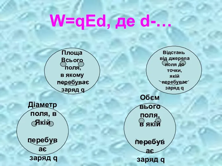 W=qEd, де d-… Діаметр поля, в Якій перебуває заряд q Відстань