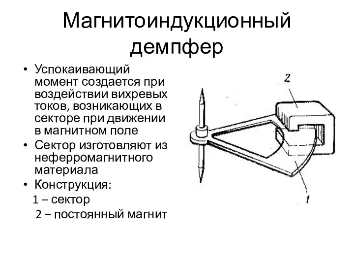 Магнитоиндукционный демпфер Успокаивающий момент создается при воздействии вихревых токов, возникающих в