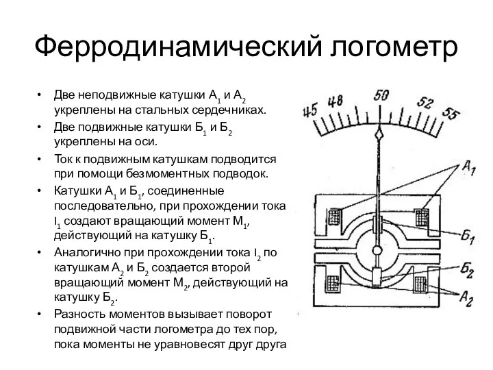 Ферродинамический логометр Две неподвижные катушки А1 и А2 укреплены на стальных