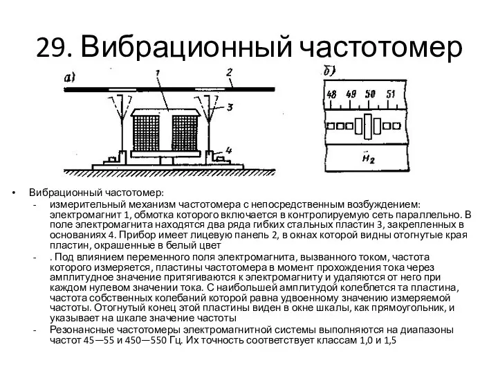 29. Вибрационный частотомер Вибрационный частотомер: измерительный механизм частотомера с непосредственным возбуждением: