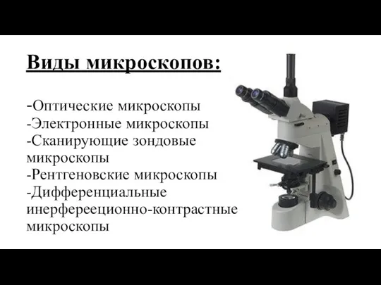 Виды микроскопов: -Оптические микроскопы -Электронные микроскопы -Сканирующие зондовые микроскопы -Рентгеновские микроскопы -Дифференциальные инерферееционно-контрастные микроскопы