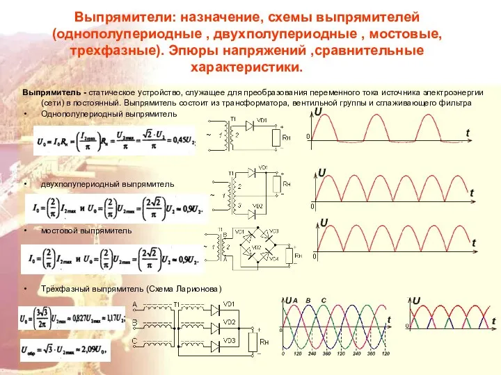 Выпрямители: назначение, схемы выпрямителей (однополупериодные , двухполупериодные , мостовые, трехфазные). Эпюры