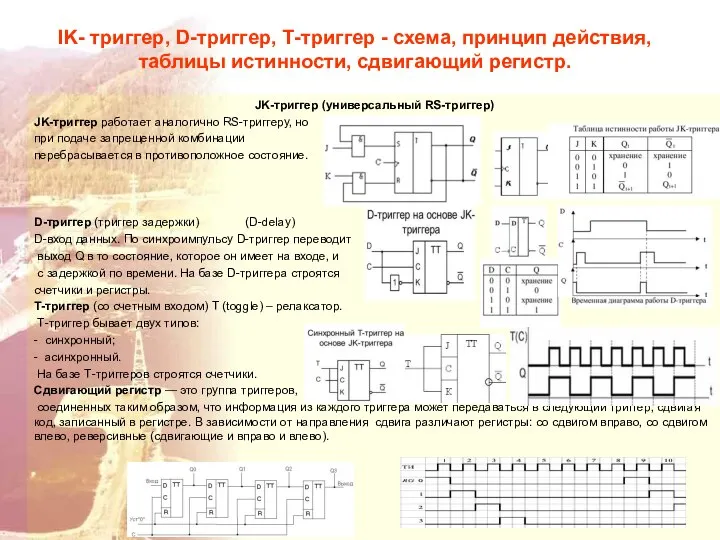 IK- триггер, D-триггер, Т-триггер - схема, принцип действия, таблицы истинности, сдвигающий