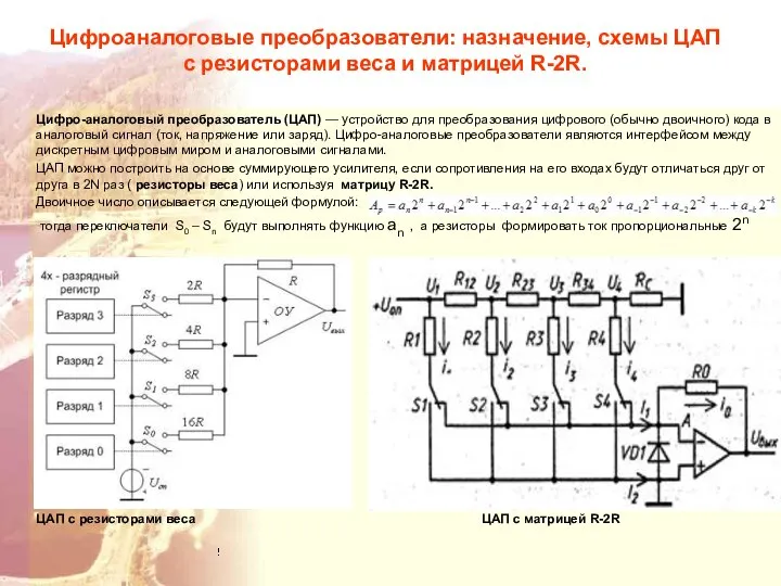 Цифроаналоговые преобразователи: назначение, схемы ЦАП с резисторами веса и матрицей R-2R.