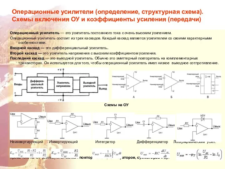 Операционные усилители (определение, структурная схема). Схемы включения ОУ и коэффициенты усиления