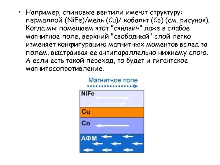 Например, спиновые вентили имеют структуру: пермаллой (NiFe)/медь (Cu)/ кобальт (Co) (см.