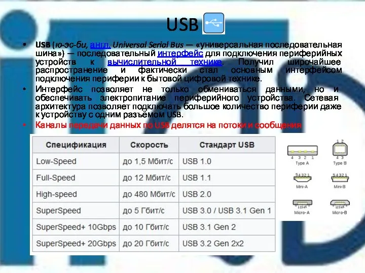 USB USB (ю-эс-би, англ. Universal Serial Bus — «универсальная последовательная шина»)