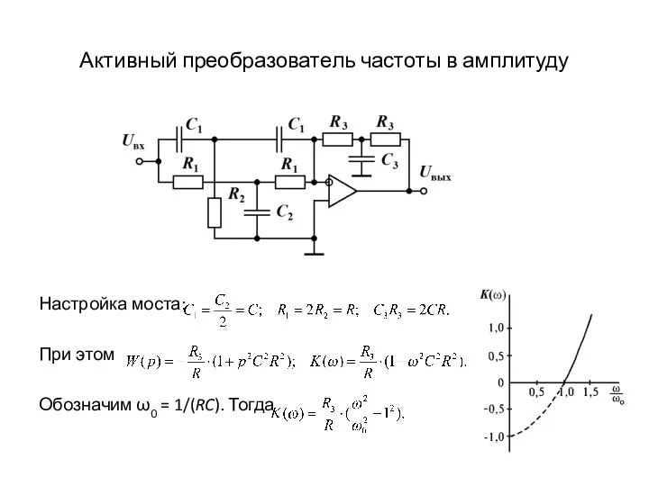 Активный преобразователь частоты в амплитуду Настройка моста: При этом Обозначим ω0 = 1/(RC). Тогда