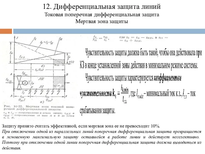 12. Дифференциальная защита линий Токовая поперечная дифференциальная защита Мертвая зона защиты