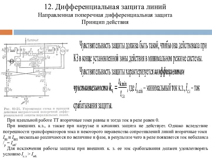 12. Дифференциальная защита линий Направленная поперечная дифференциальная защита Принцип действия При