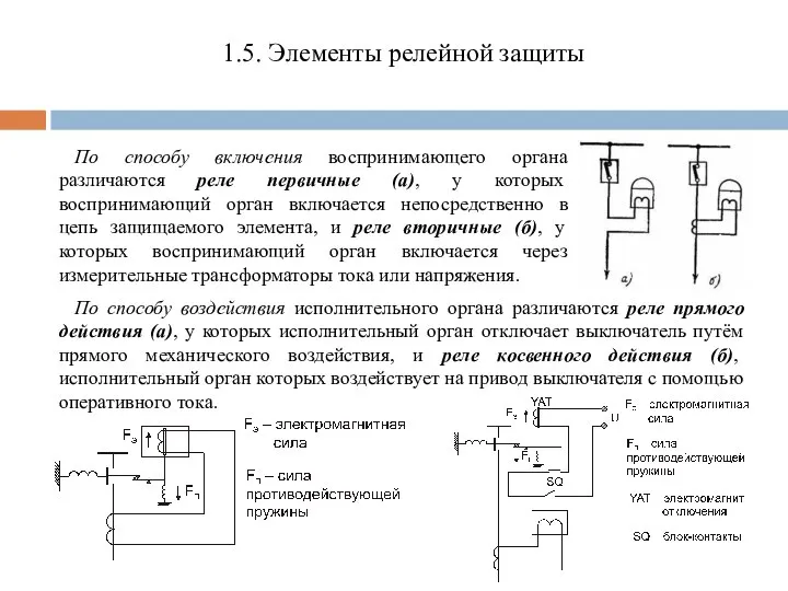 1.5. Элементы релейной защиты По способу включения воспринимающего органа различаются реле