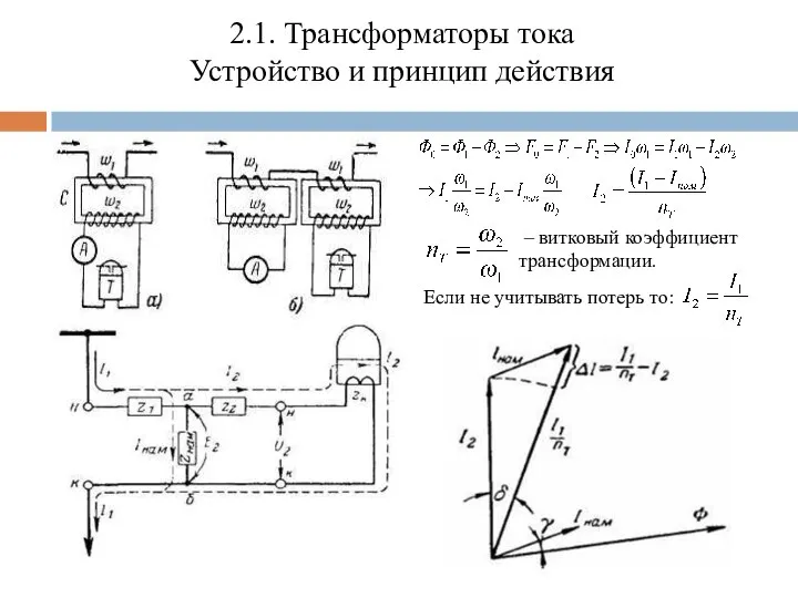 2.1. Трансформаторы тока Устройство и принцип действия Если не учитывать потерь то: – витковый коэффициент трансформации.