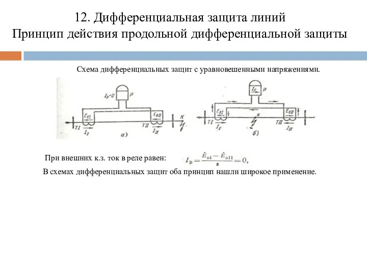 12. Дифференциальная защита линий Принцип действия продольной дифференциальной защиты Схема дифференциальных