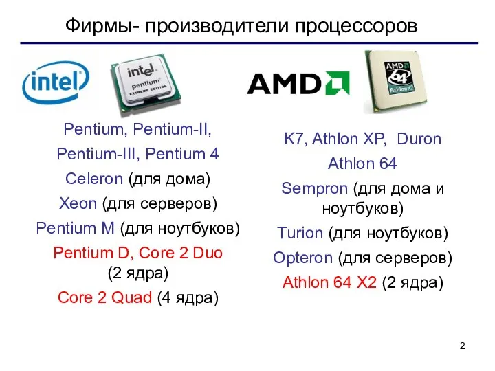 Фирмы- производители процессоров Pentium, Pentium-II, Pentium-III, Pentium 4 Celeron (для дома)