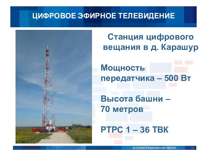 ЦИФРОВОЕ ЭФИРНОЕ ТЕЛЕВИДЕНИЕ Станция цифрового вещания в д. Карашур Мощность передатчика