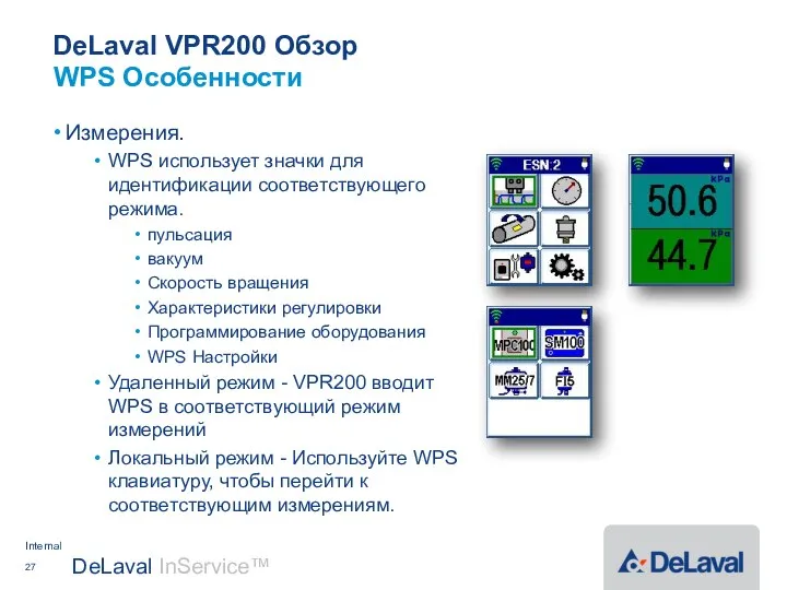 DeLaval VPR200 Обзор Измерения. WPS использует значки для идентификации соответствующего режима.