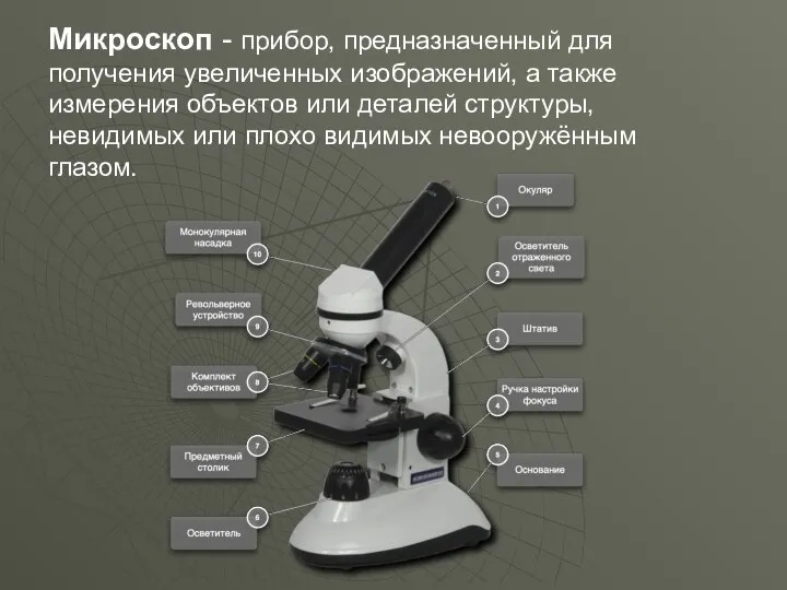 Микроскоп - прибор, предназначенный для получения увеличенных изображений, а также измерения