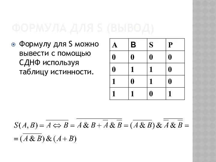 ФОРМУЛА ДЛЯ S (ВЫВОД) Формулу для S можно вывести с помощью СДНФ используя таблицу истинности.