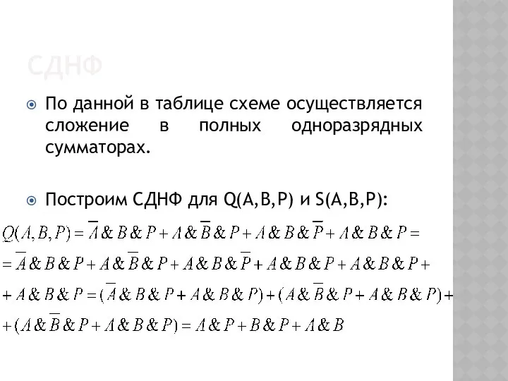 СДНФ По данной в таблице схеме осуществляется сложение в полных одноразрядных