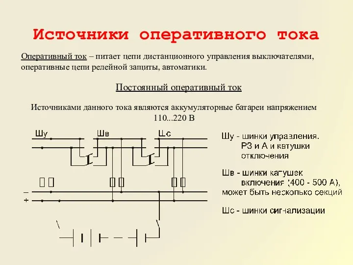 Источники оперативного тока Оперативный ток – питает цепи дистанционного управления выключателями,