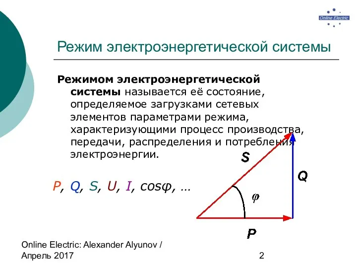 Online Electric: Alexander Alyunov / Апрель 2017 Режим электроэнергетической системы Режимом