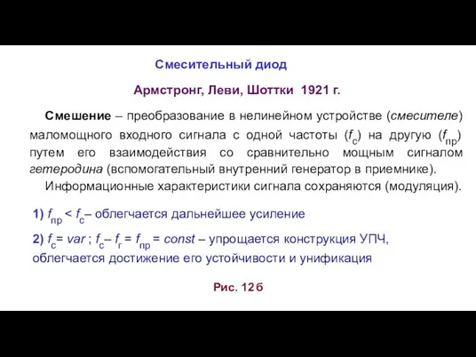 Смесительный диод Рис. 12 б Армстронг, Леви, Шоттки 1921 г. Смешение